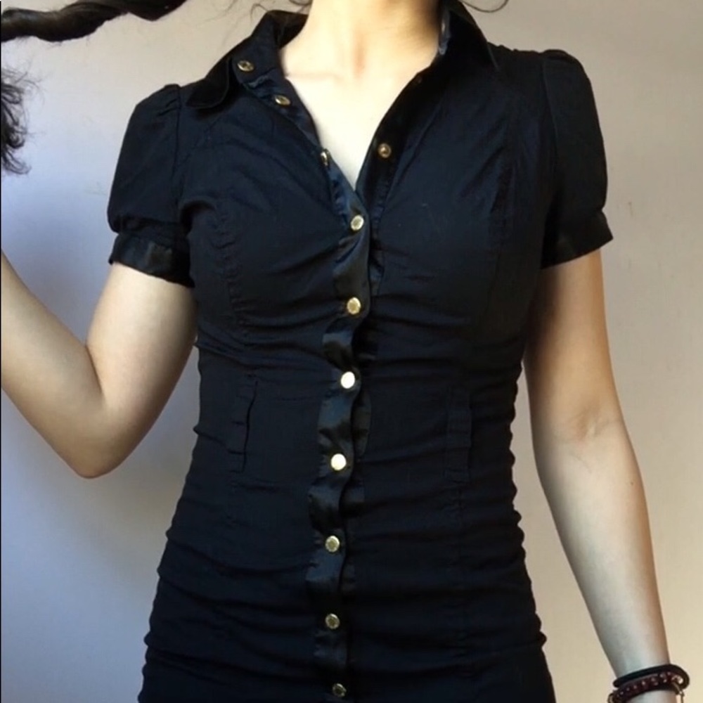 Fitted Black Collared Dress with Gold Accents